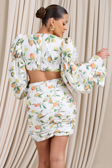 Limoncello Lemon Print Ruched Cut-Out Mini Dress With Puff Sleeves
